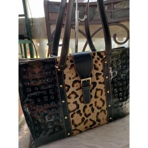 5215) Arcadia Italian Embossed Leather Leopard Print Calf Hair Tote Bag
